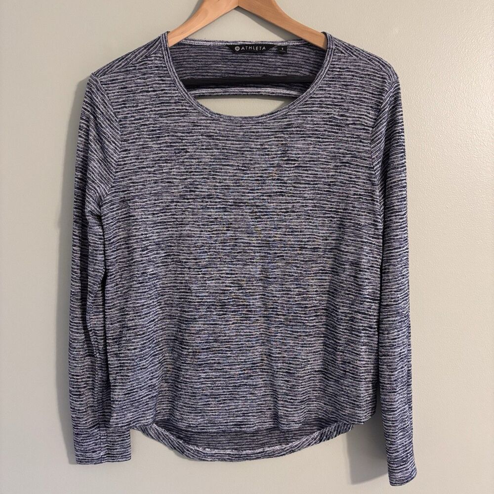 Athleta Womens Small Breezy Soft Navy Striped Cutout Open Back Long Sleeve Shirt